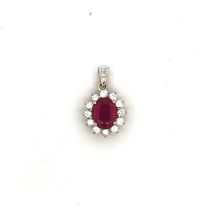 Estate 14K White Gold Oval Ruby Diamond Halo Pendant