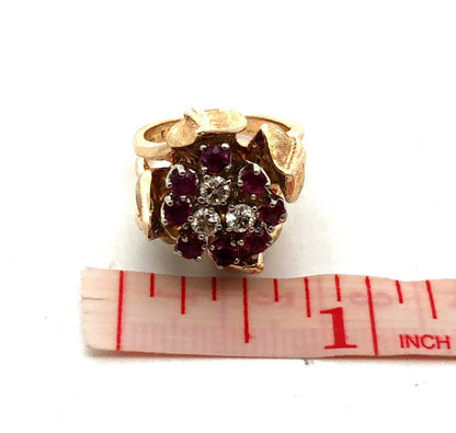 Designer EAG 14K Yellow Gold Round Ruby Diamond Flower Bud Statement Ring