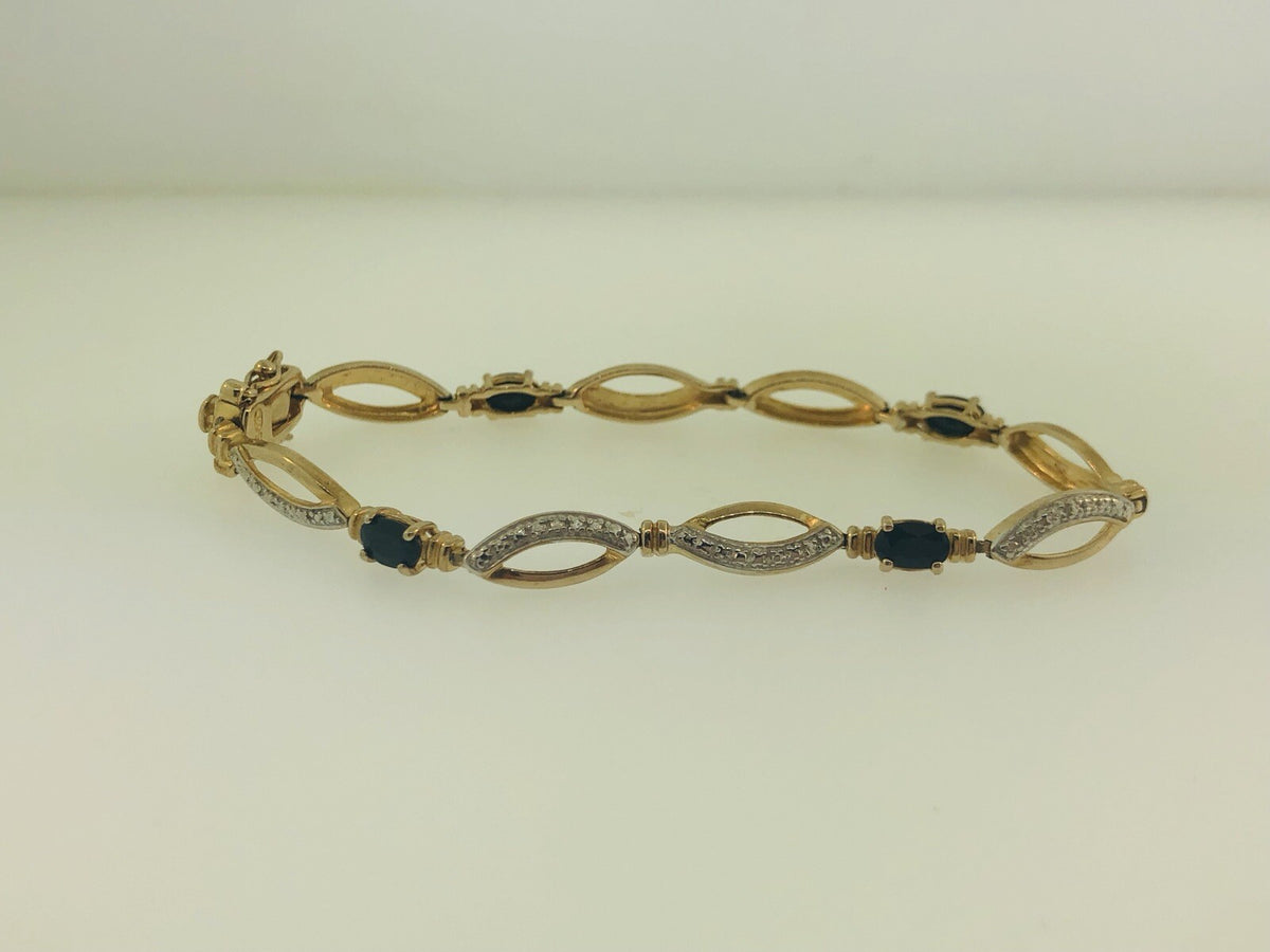 Estate Sterling Silver 925 Vermeil Oval Sapphire Station Tennis Bracelet
