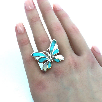 Designer K 925 Sterling Silver Turquoise Mother of Pearl Inlay Butterfly Ring