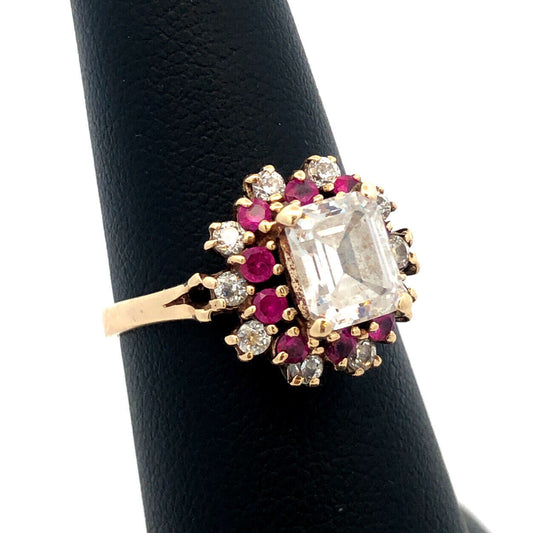 10K Yellow Gold ASC Emerald Cut White Tourmaline Ruby Halo Engagement Ring