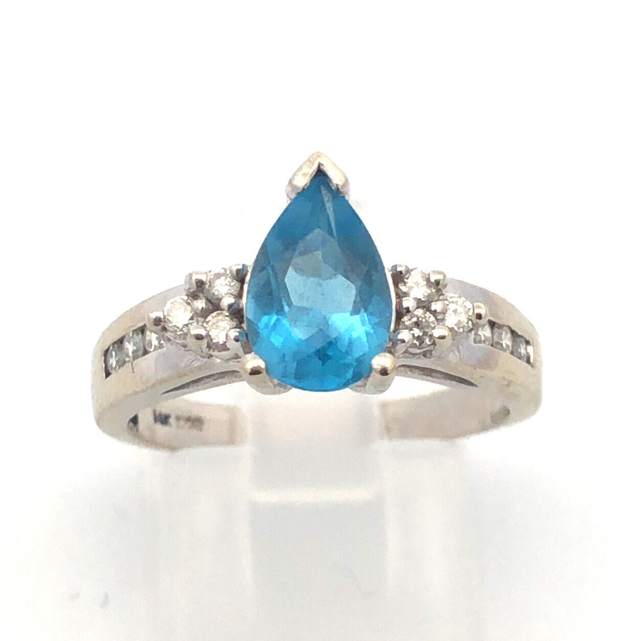 Designer 14K White Gold Pear Blue Topaz Round Diamond Engagement Size 7 Ring