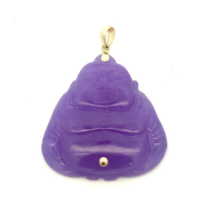 Vintage WW 14K Yellow Gold Carved Lavender Jade Buddha Statement Pendant