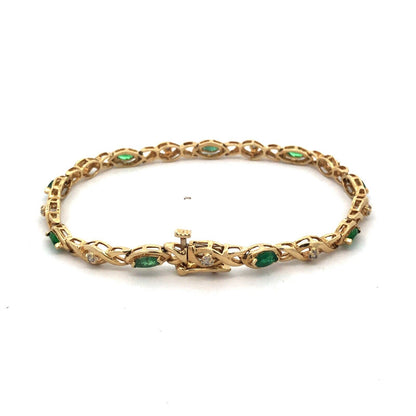 10K Yellow Gold Marquise Emerald Round Diamond X&O Tennis Bracelet
