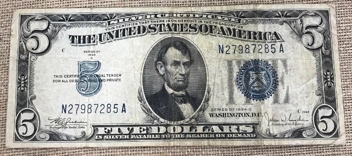 1934 C $5 United States Silver Certificate Julian/Snyder Fr. 1653