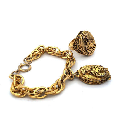 1960's Corday Rare Gold Tone Unicorn In Captivity Perfume Bracelet Ring 2 Pc Set