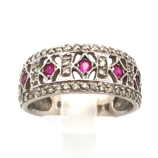 Vintage Art Deco 18k White Gold Filigree Ruby & Diamond Ring Size 7.5