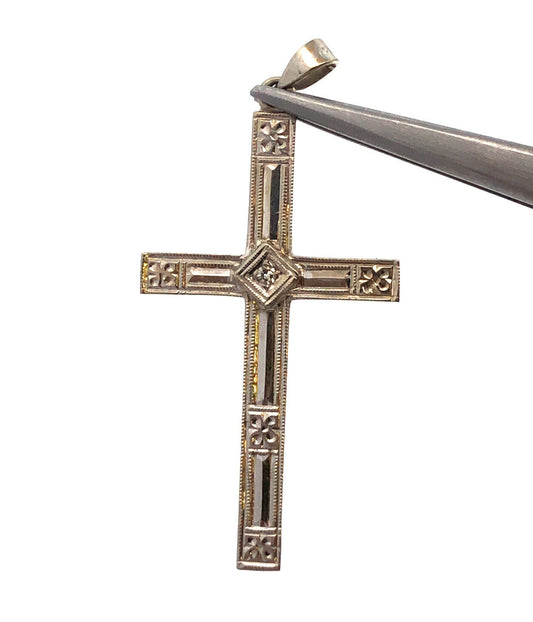 Vintage 14K White Gold Diamond Textured Religious Communion Easter Cross Pendant