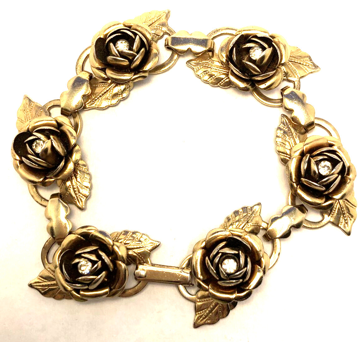 Vintage Gold-Tone Rhinestone Rose Flower Station Statement Bracelet