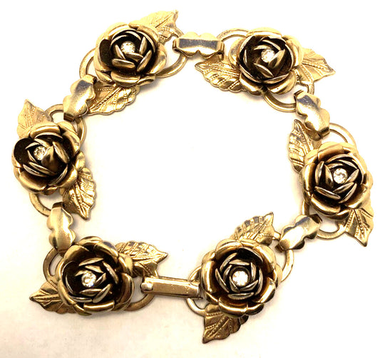 Vintage Gold-Tone Rhinestone Rose Flower Station Statement Bracelet