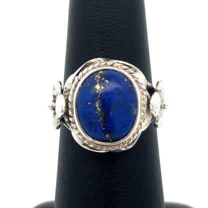 Vintage 925 Sterling Silver Oval Blue Lapis Lazuli Clover Textured Dome Ring