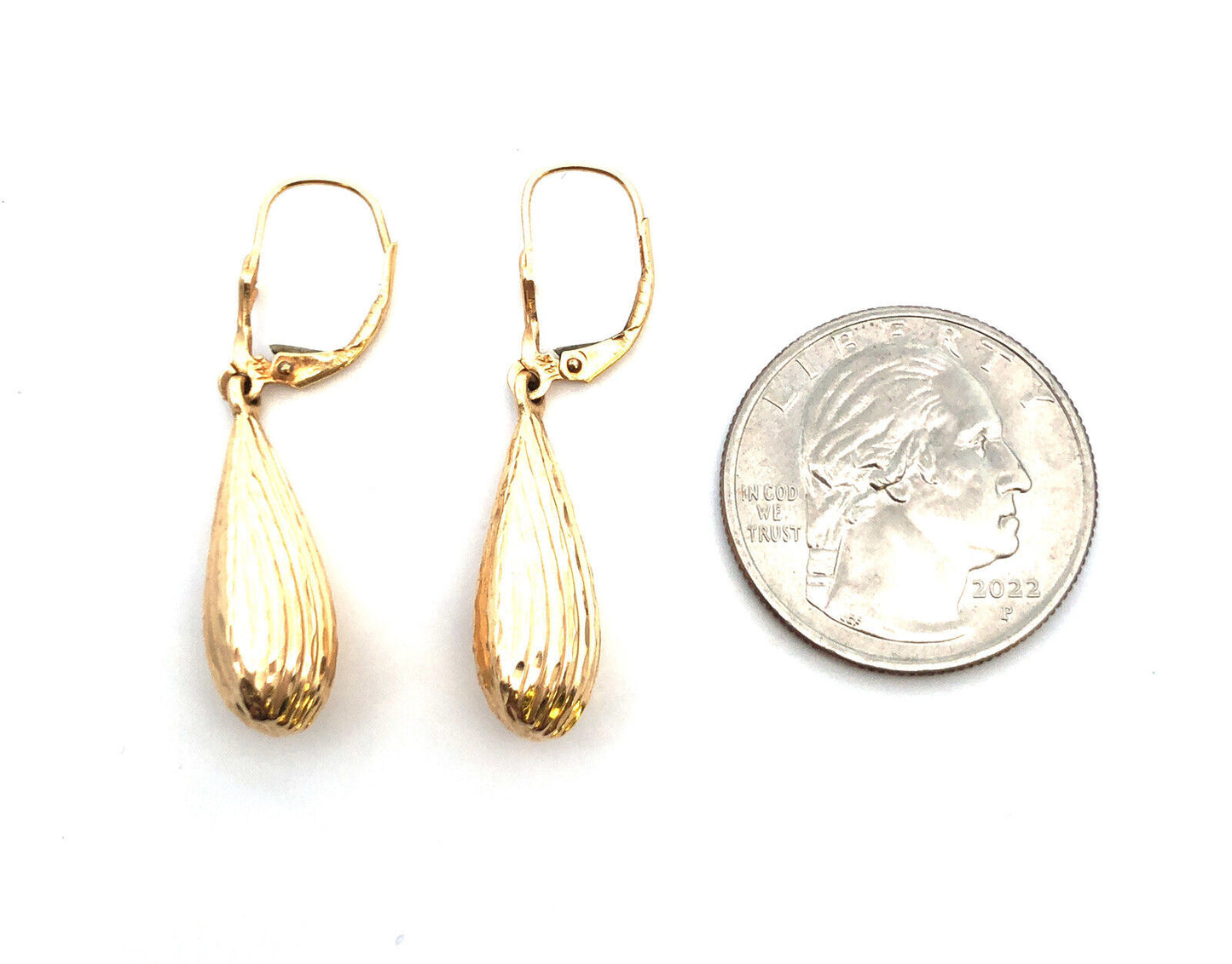 Designer 14K Yellow Gold Textured Teardrop Dangle Drop Leverback Earrings