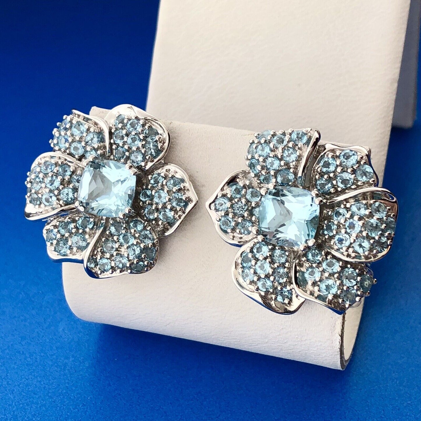 14K White Gold Blue Topaz Flower Poppy Cluster December Occasion Earrings