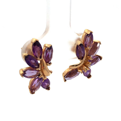 Designer TK 14K Yellow Gold Marquise Amethyst Floral Statement Stud Earrings
