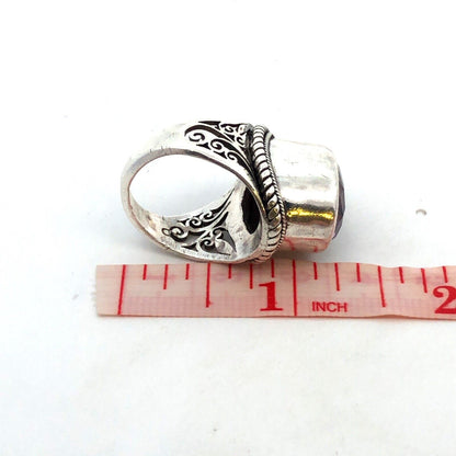 Vintage 925 Sterling Silver Oval Amethyst Floral Scroll Statement Ring