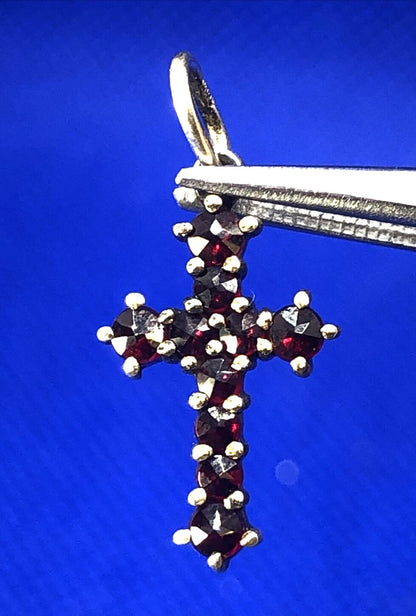 Estate 900 Silver Round Red Garnet Religious Cross Pendant