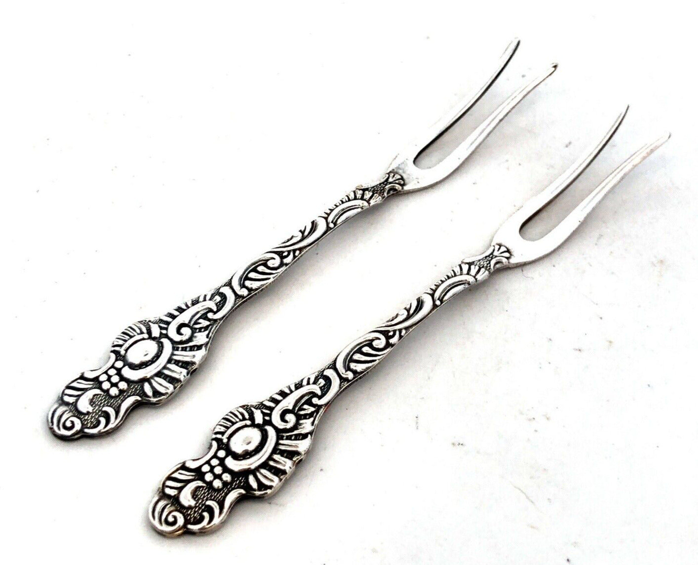 A.B. Nils-Johan Silver Extra Plated Floral Scroll Pair Lemon Cocktail Forks NIB
