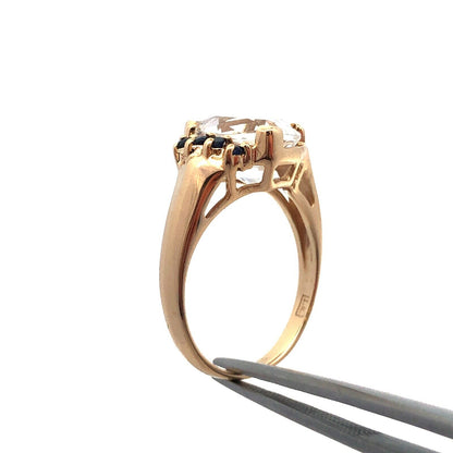 14K Yellow Gold Designer Trillion Cut White Topaz Blue Sapphire Accent Ring