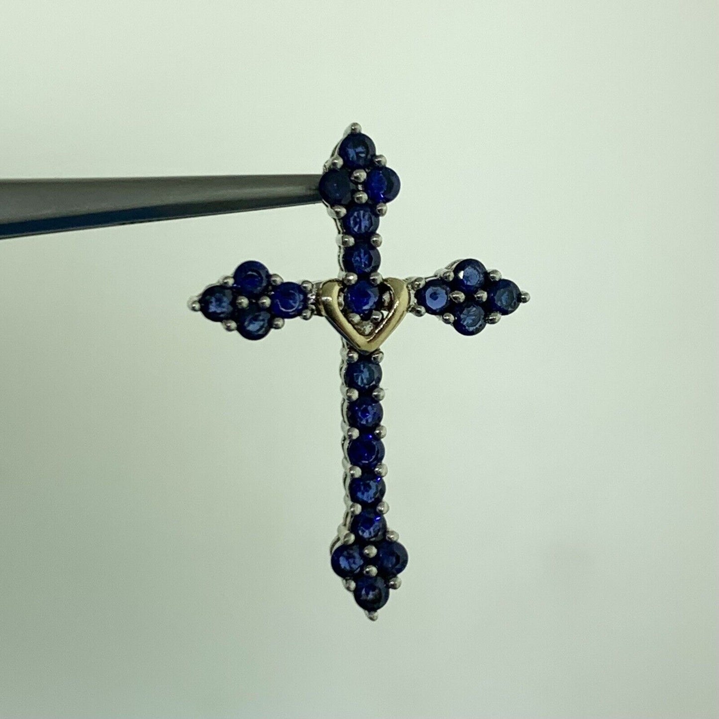 Designer 925 Sterling Silver 10K Yellow Gold Sapphire Cross Pendant