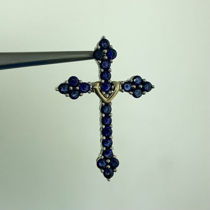 Designer 925 Sterling Silver 10K Yellow Gold Sapphire Cross Pendant