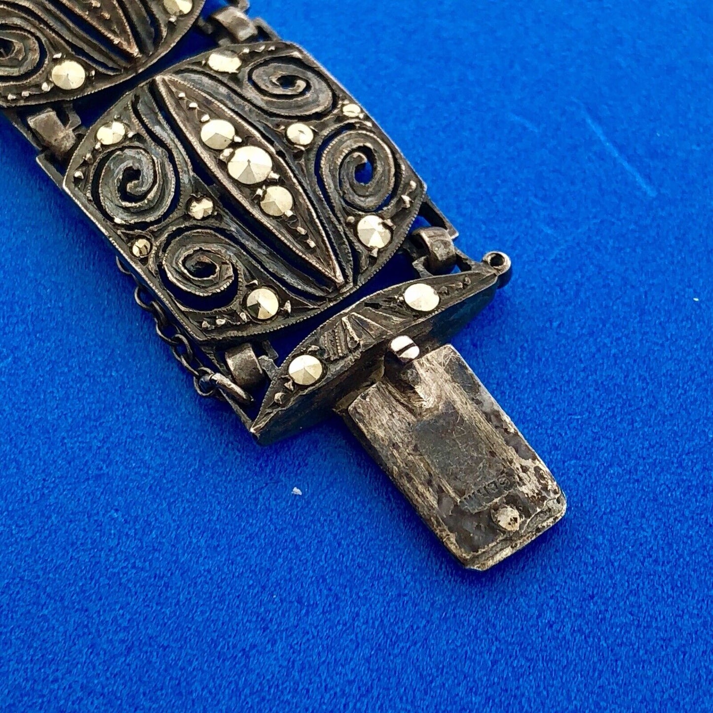Art Deco Germany 925 Sterling Silver Marcasite Filigree Scroll Panel Bracelet