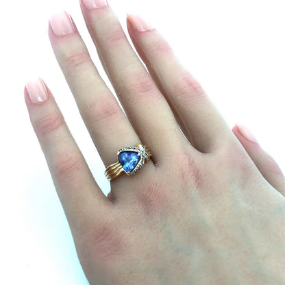 Custom 14k Yellow Gold Trillion Tanzanite Diamond X Ribbon Halo Size 7.25 Ring