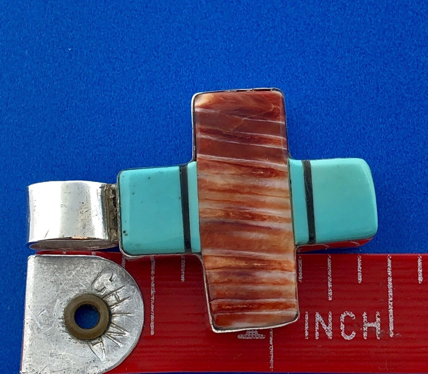 Native American Signed Sterling Silver Turquoise Black Onyx Jasper Cross Pendant