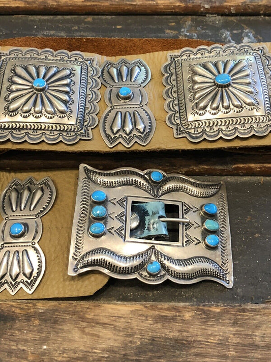 Susie James Navajo 925 Sterling Silver Leather Turquoise Concho Statement Belt