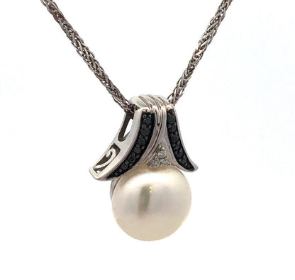 Elegant 14K White Gold Pearl Diamond Black Diamond Bridal Pendant Necklace