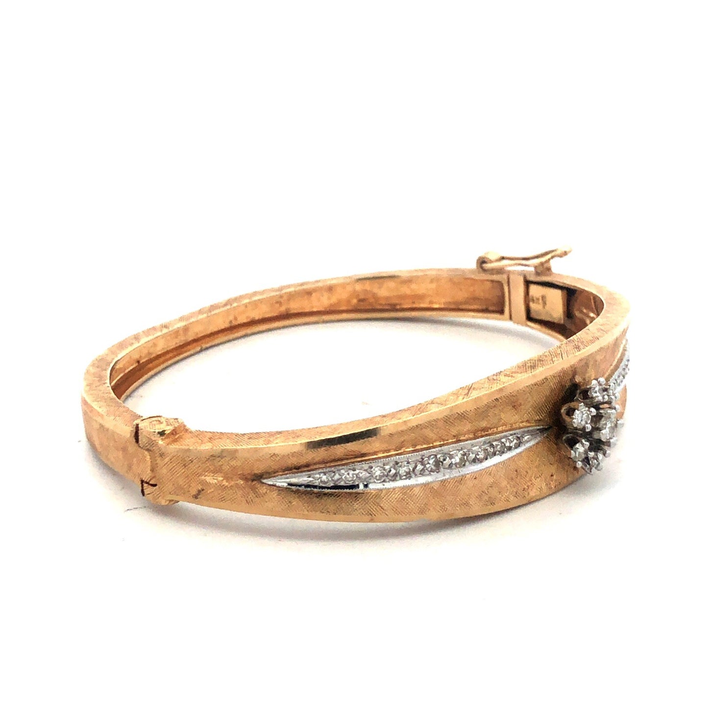 Vintage 14K Yellow Gold Round Diamond Flower Textured Hinged Bangle