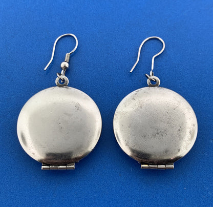 Vintage Silver Tone Balinese Filigree Perfume Photo Locket Drop Dangle Earrings
