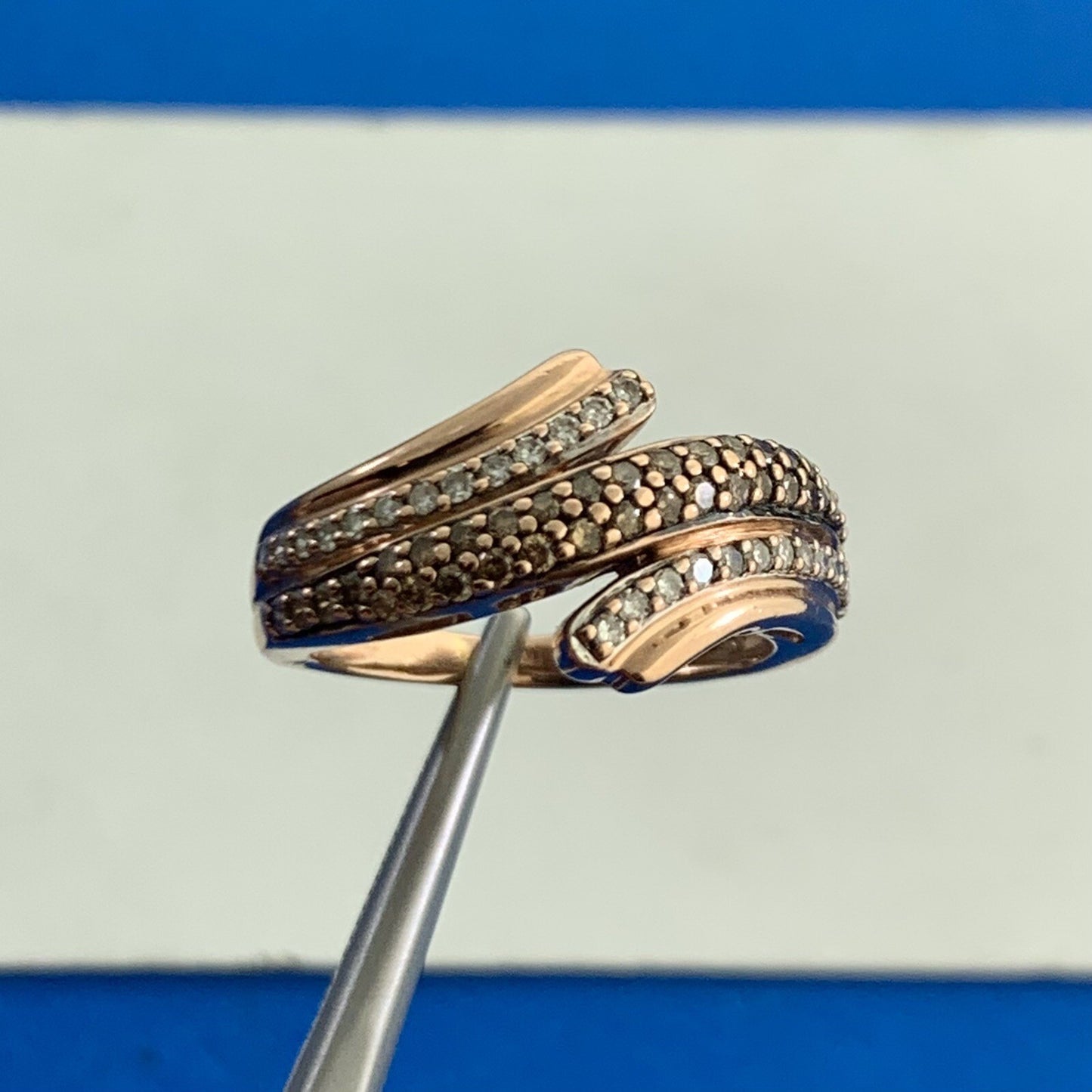 Designer 10K Rose Gold White & Chocolate Round Diamond Bypass Cocktail Band Ring