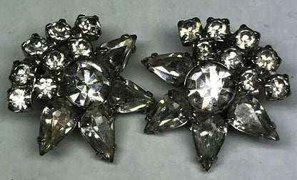Vintage Art Deco Crystal Rhinestone Flower Cluster Bridal Cocktail Clip Earrings