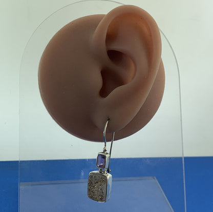 Designer 925 Sterling Silver Purple Drusy Quartz Amethyst Dangle Hook Earrings