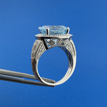 Designer ISB 925 Sterling Silver Blue Topaz Diamond Halo Accent Statement Ring
