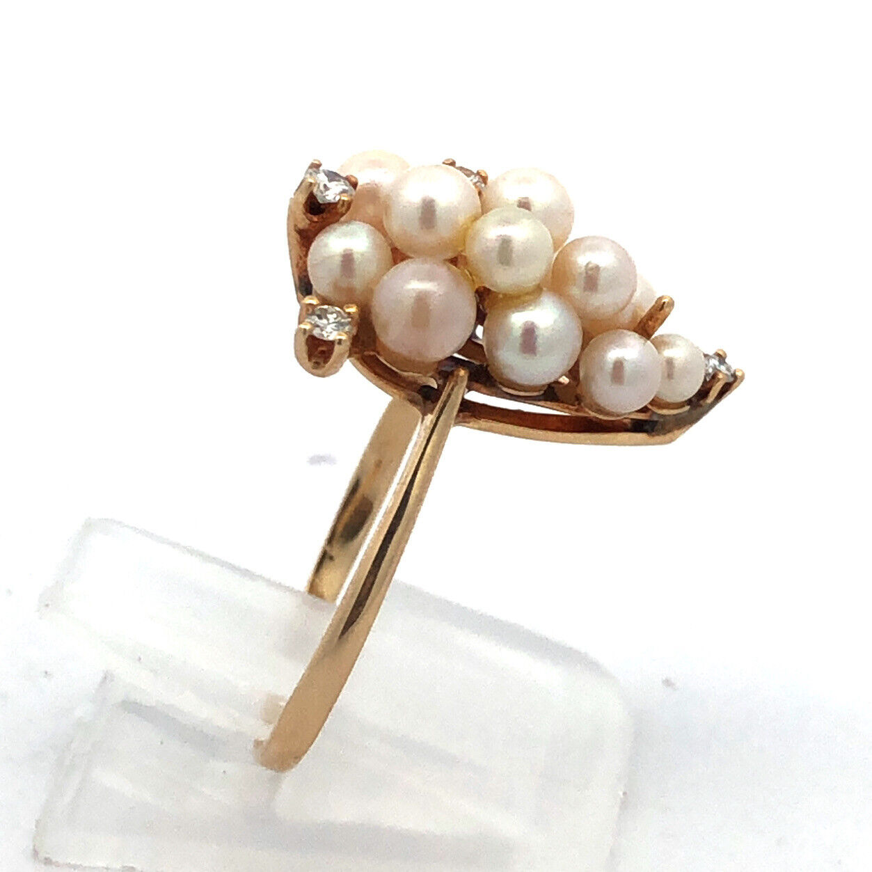 Vintage 14K Yellow Gold Pearl Diamond Cluster Ring