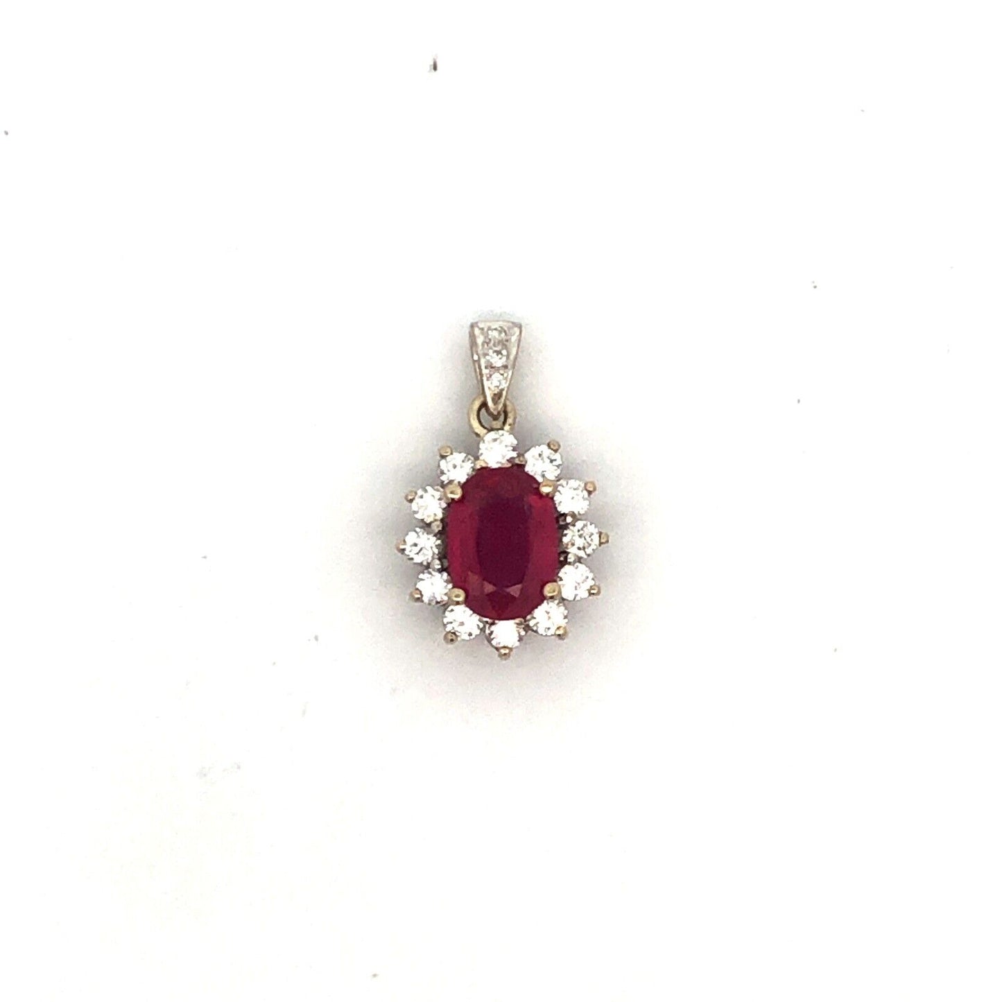 Estate 14K White Gold Oval Ruby Diamond Halo Pendant