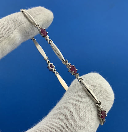Designer 10K White Gold Oval Cut Ruby Diamond Accent Panel Link Chain Bracelet