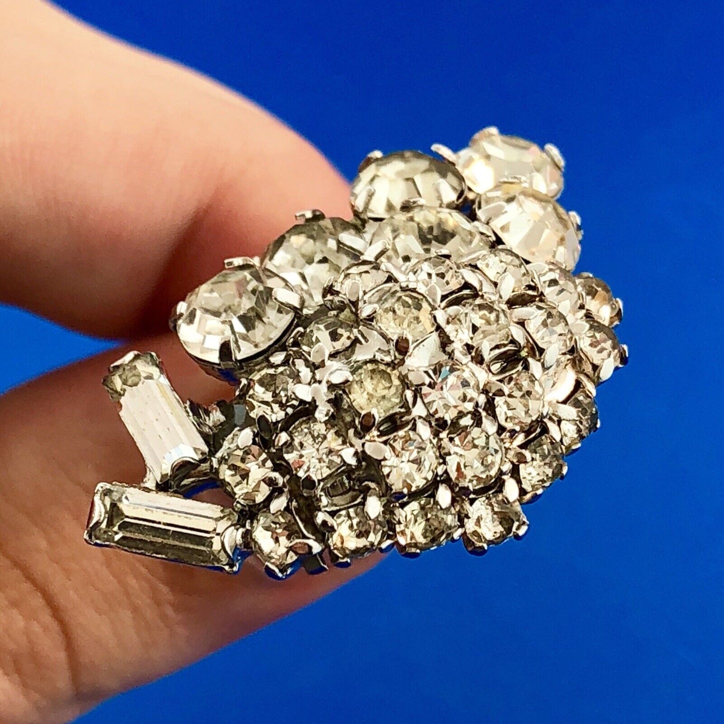 Retro Haute Couture Silver Tone Rhinestone Grape Cluster Statement Clip Earrings