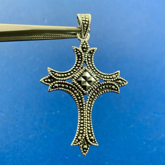 Designer 925 Sterling Silver Marcasite Beaded Detail Gothic Cross Large Pendant