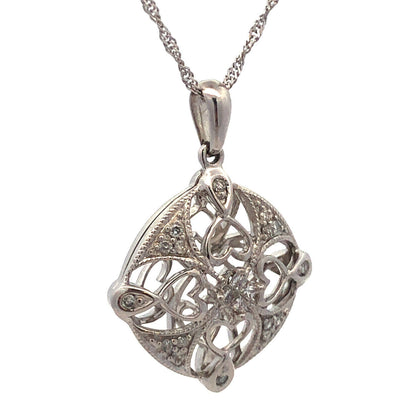 14K White Gold Diamond Filigree Cutout Bridal Pendant Anniversary Necklace