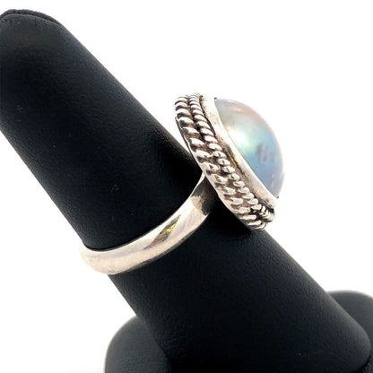 Vintage 925 Sterling Silver Round Akoya Pearl Bezel Solitaire Dome Ring