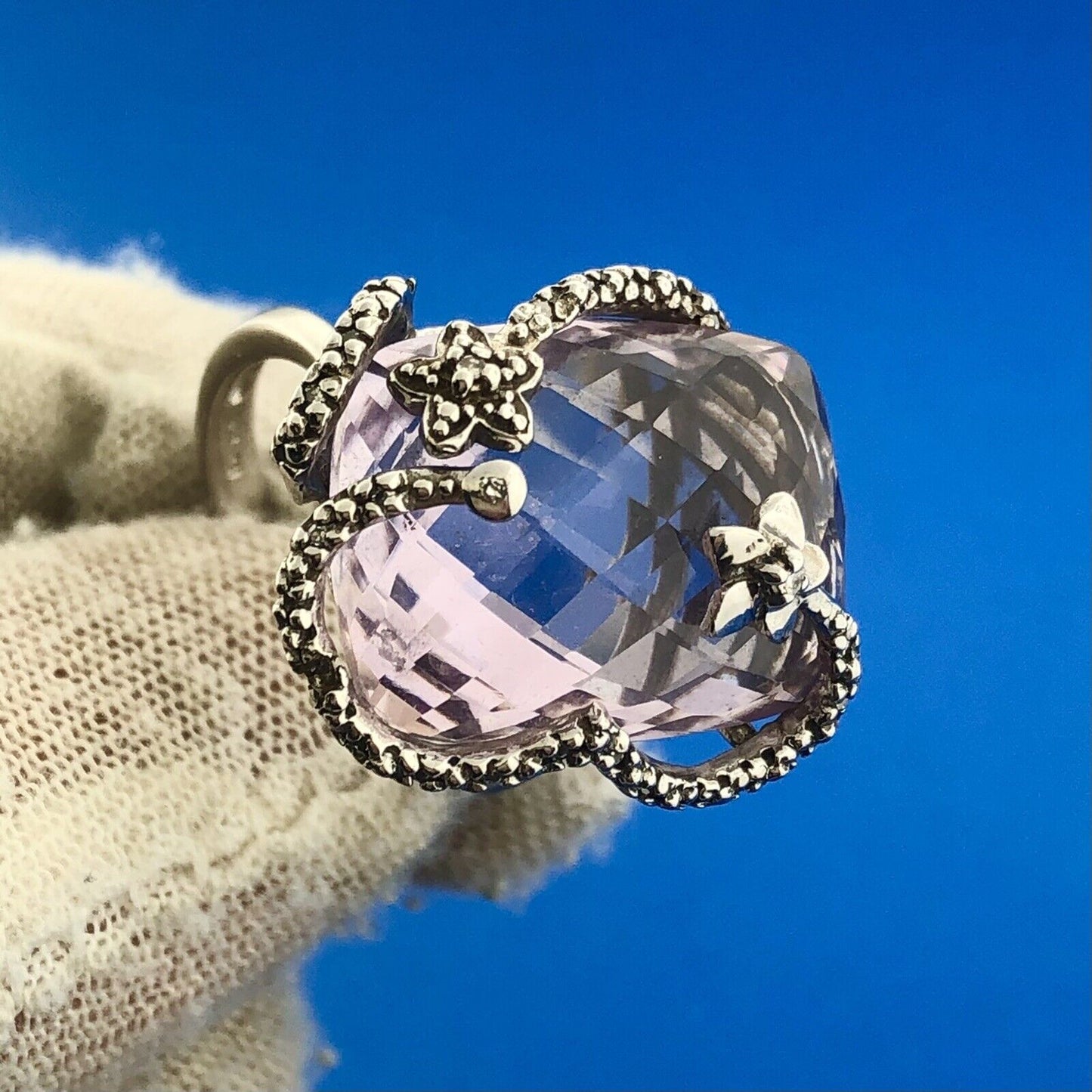 Designer SMJ Sterling Silver 925 Amethyst February Floral Bypass Ring Size 8.25