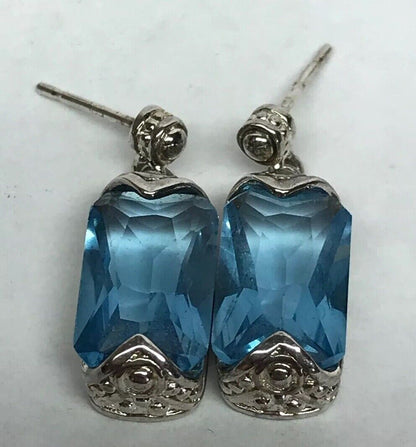 Sterling Silver Rectangle Blue Topaz Bead Scroll Work Statement Drop Earrings
