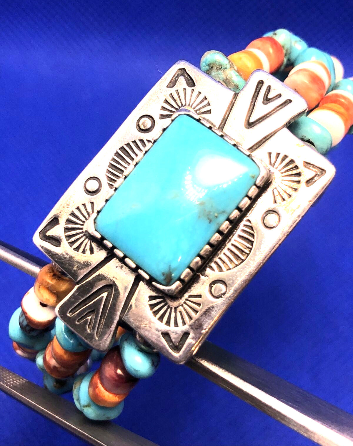Native American Signer 925 Sterling Silver Turquoise & Shell Beaded Bracelet
