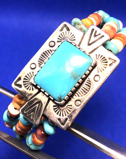 Native American Signer 925 Sterling Silver Turquoise & Shell Beaded Bracelet
