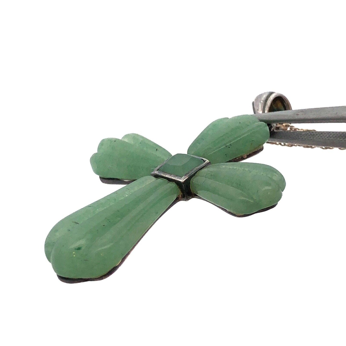 Designer 925 Sterling Silver Carved Jade Cross Statement Pendant Necklace