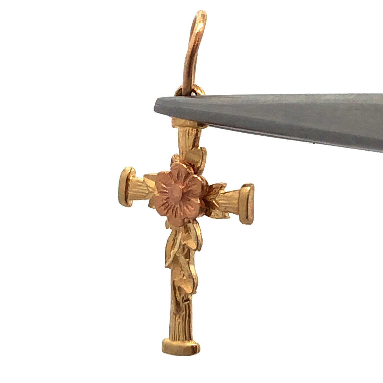 Designer 14K Yellow Gold Rose Gold Flower Leaf Floral Religious Cross Pendant