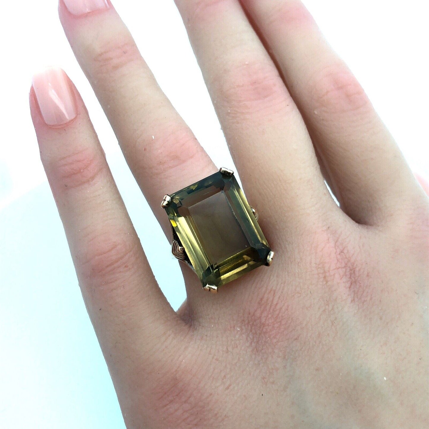 Esemco 10K Yellow Gold Emerald Cut Gemstone Solitaire Statement Cocktail Ring