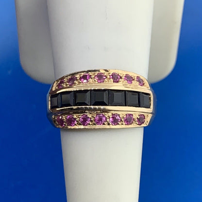 14K Yellow Gold Princess Sapphire Round Ruby Accented Statement Band Ring